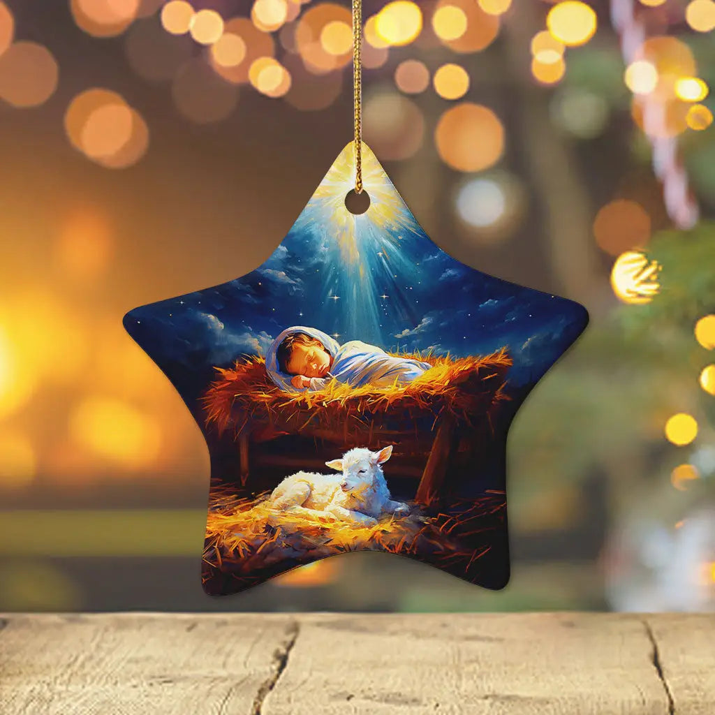 Christian Christmas ornament featuring baby Jesus in the manger with a lamb, ideal for scripture lovers / Star.