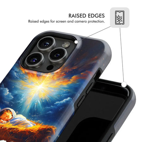 Christmas gift phone case featuring Baby Jesus in the manger with a lamb, faith-based design.
