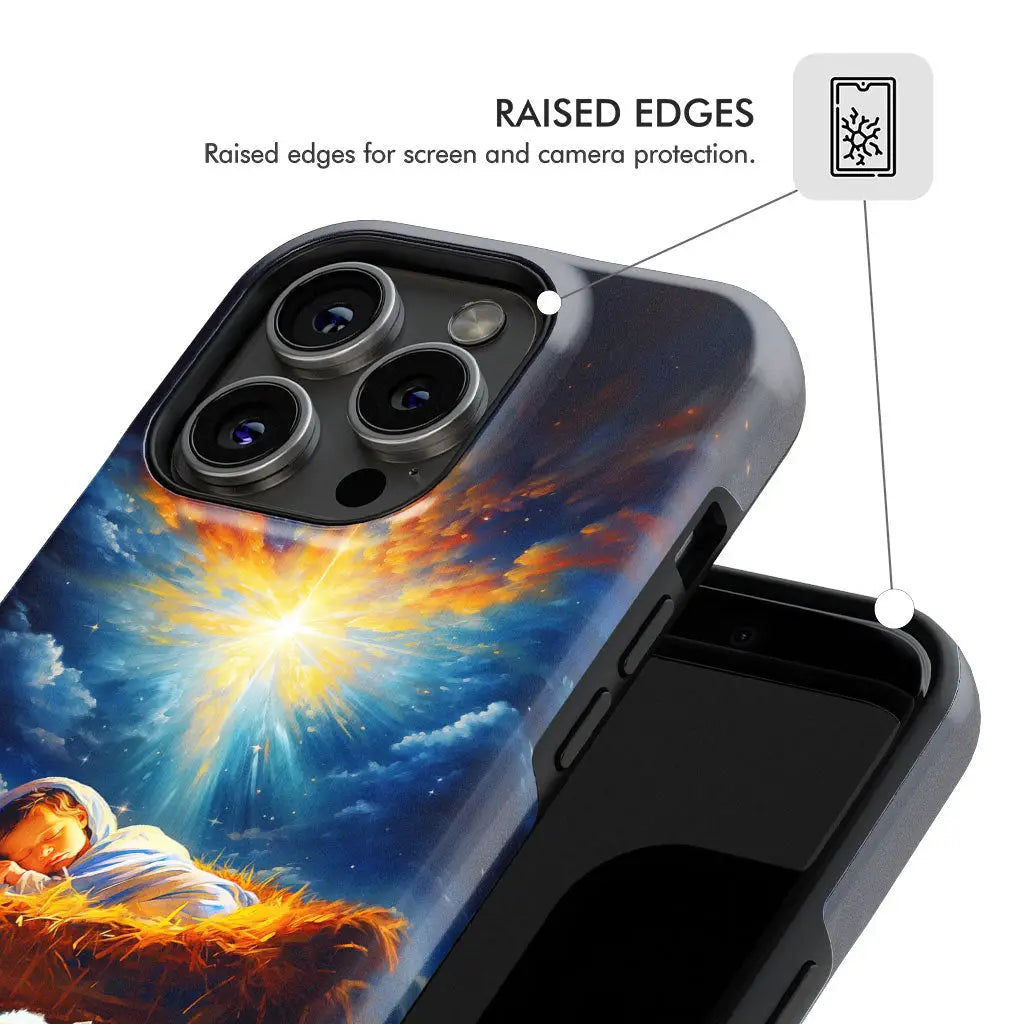 Christmas gift phone case featuring Baby Jesus in the manger with a lamb, faith-based design.