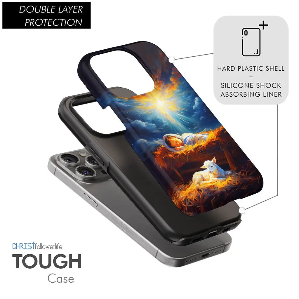 Baby Jesus in the manger with a lamb, Christian phone case, ideal for Christmas gifts.