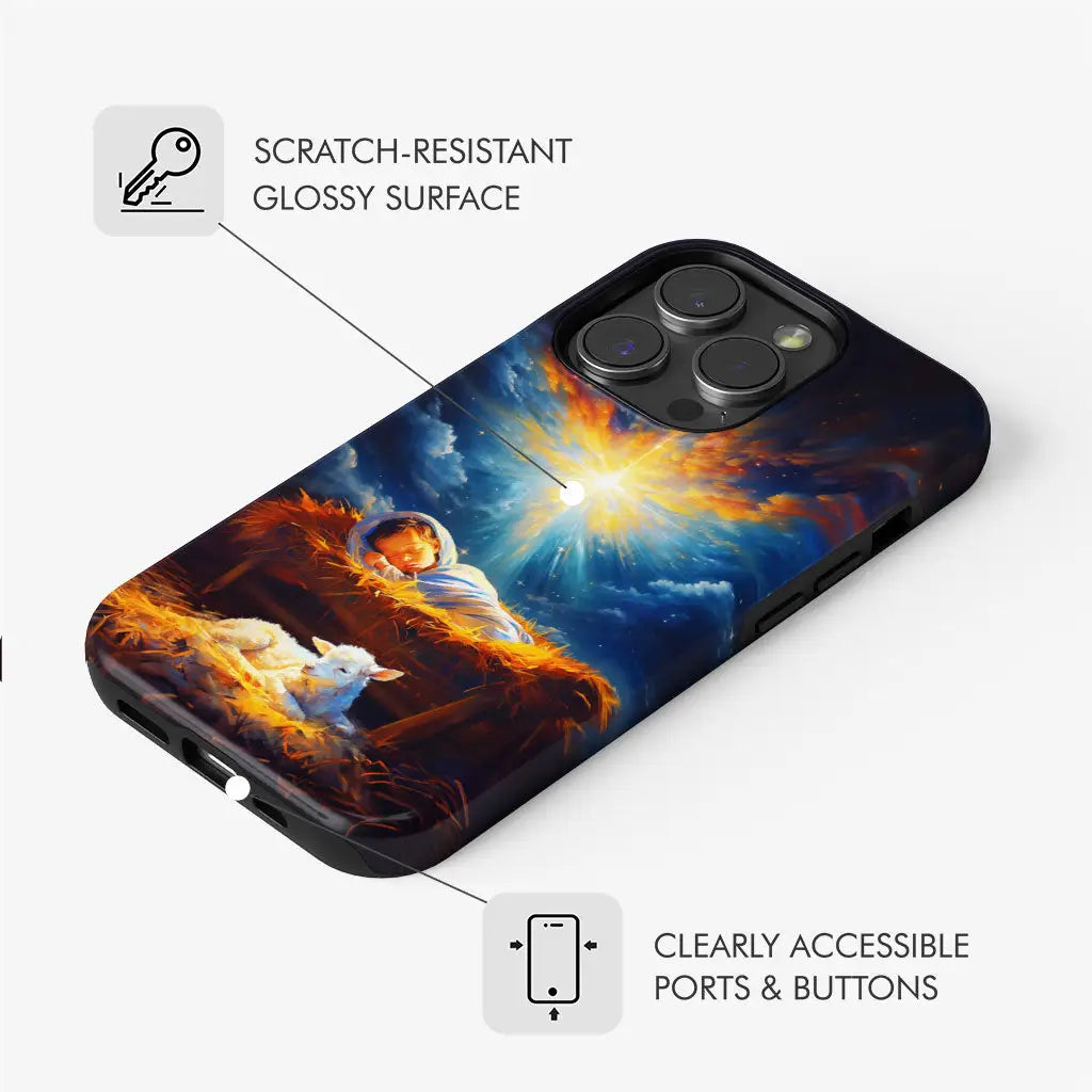 Inspirational Christian phone case with Baby Jesus and a lamb, perfect for Christmas-themed gifts.