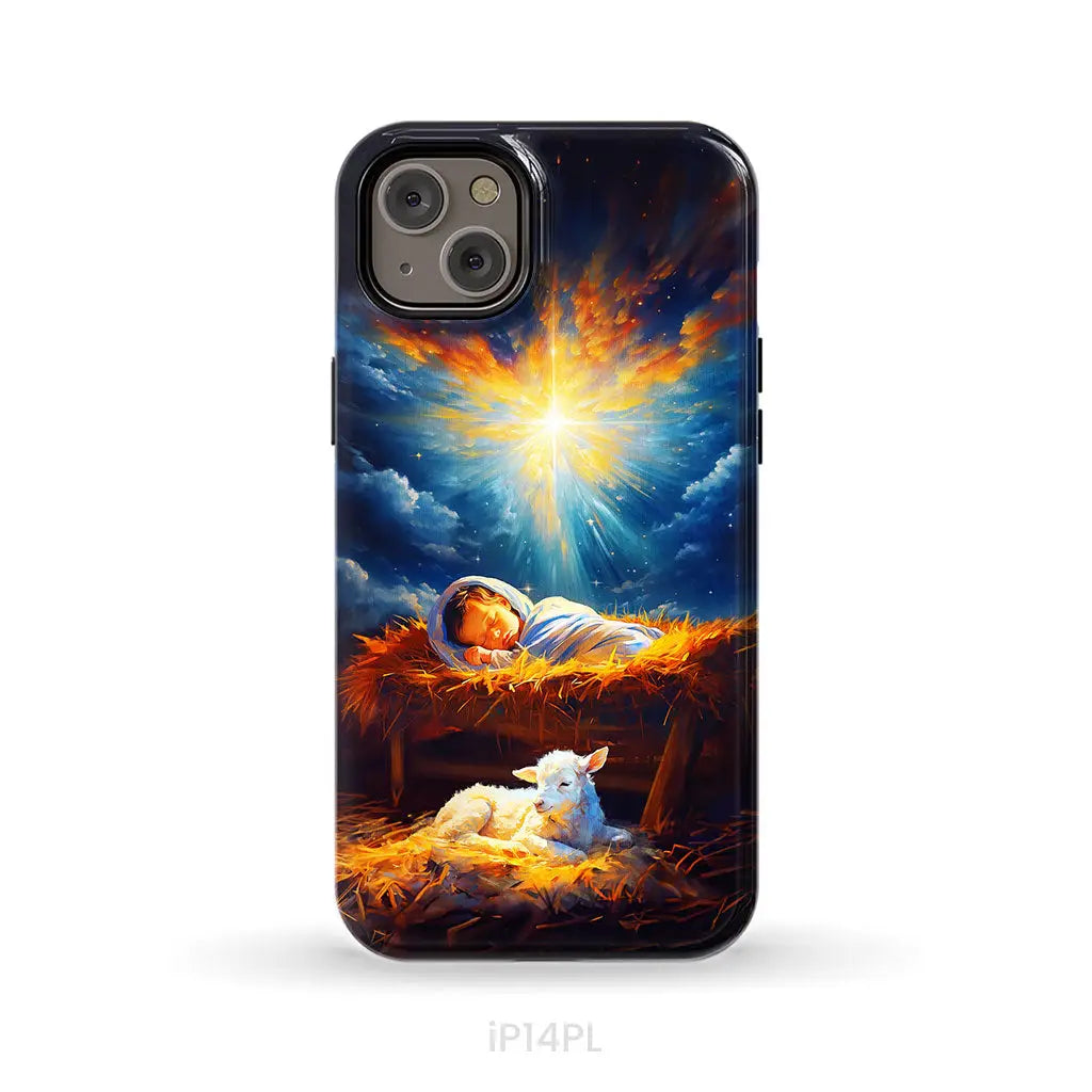 Baby Jesus With A Lamb Baby Jesus In The Manger Phone Case iPhone 14 Plus / Tough Case