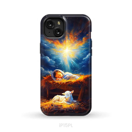 Baby Jesus With A Lamb Baby Jesus In The Manger Phone Case iPhone 15 Plus / Tough Case