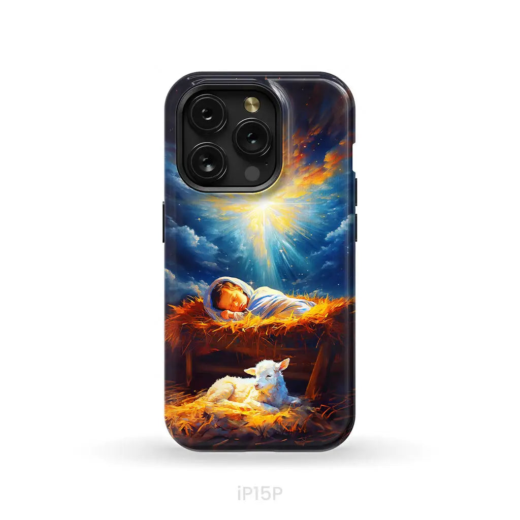 Baby Jesus With A Lamb Baby Jesus In The Manger Phone Case iPhone 15 Pro / Tough Case