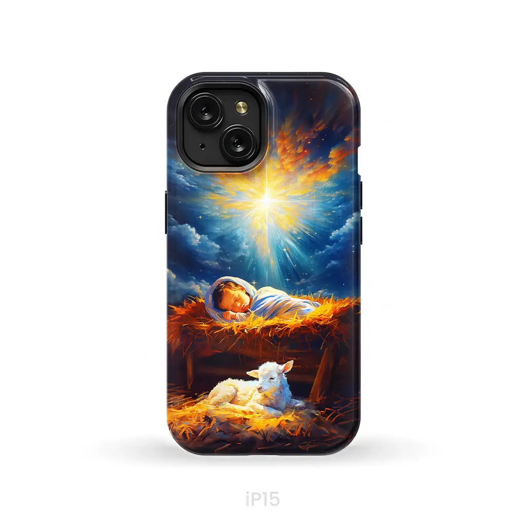 Baby Jesus With A Lamb Baby Jesus In The Manger Phone Case iPhone 15 / Tough Case