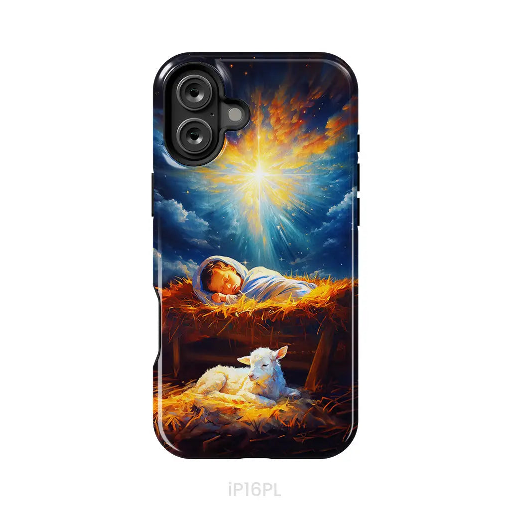 Baby Jesus With A Lamb Baby Jesus In The Manger Phone Case iPhone 16 Plus / Tough Case