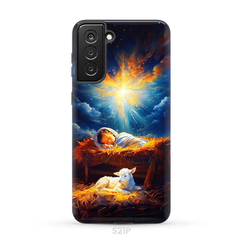 Baby Jesus With A Lamb Baby Jesus In The Manger Phone Case Samsung Galaxy S21 Plus / Tough Case
