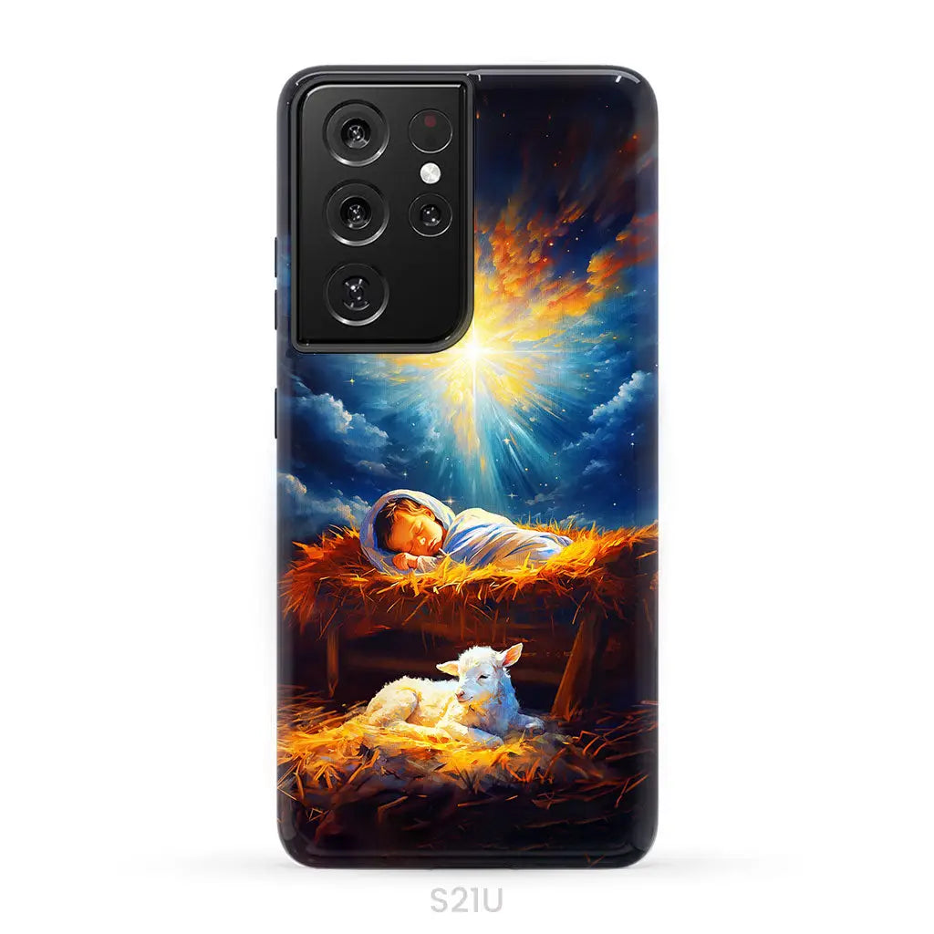 Baby Jesus With A Lamb Baby Jesus In The Manger Phone Case Samsung Galaxy S21 Ultra / Tough Case