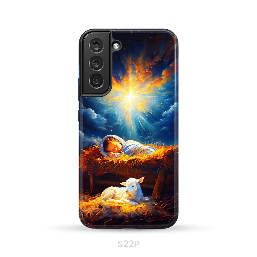 Baby Jesus With A Lamb Baby Jesus In The Manger Phone Case Samsung Galaxy S22 Plus / Tough Case