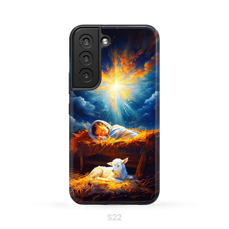 Baby Jesus With A Lamb Baby Jesus In The Manger Phone Case Samsung Galaxy S22 / Tough Case