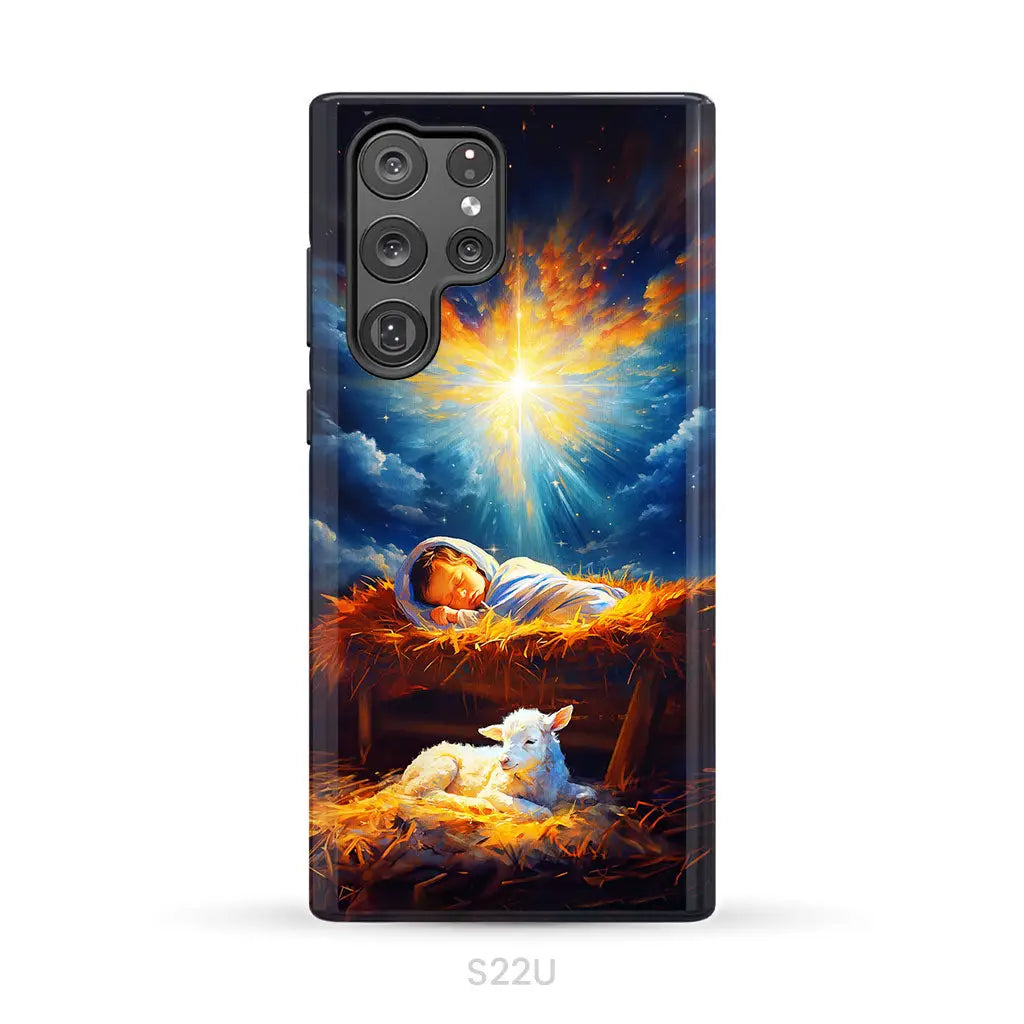 Baby Jesus With A Lamb Baby Jesus In The Manger Phone Case Samsung Galaxy S22 Ultra / Tough Case
