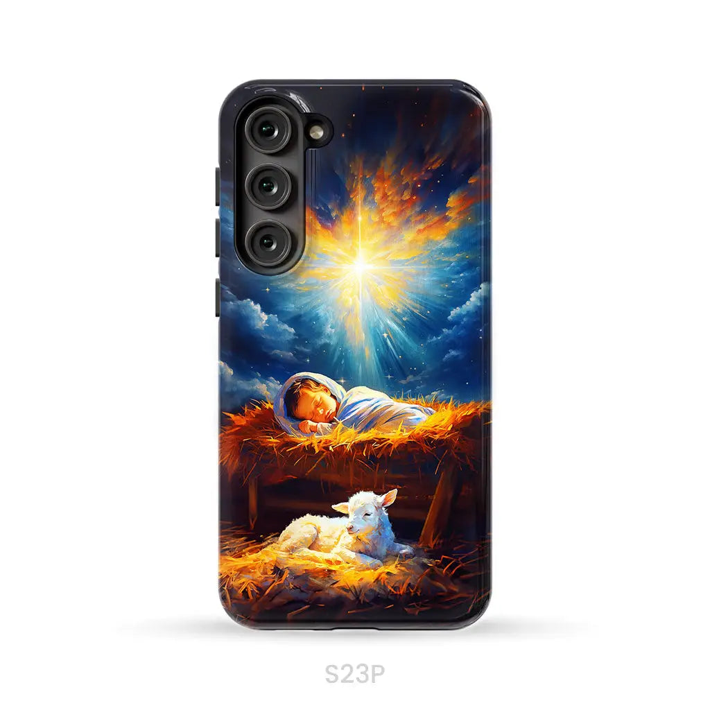Baby Jesus With A Lamb Baby Jesus In The Manger Phone Case Samsung Galaxy S23 Plus / Tough Case