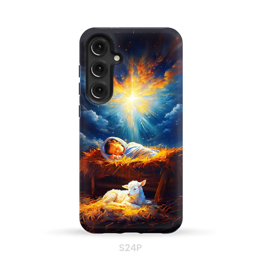 Baby Jesus With A Lamb Baby Jesus In The Manger Phone Case Samsung Galaxy S24 Plus / Tough Case