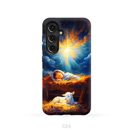 Baby Jesus With A Lamb Baby Jesus In The Manger Phone Case Samsung Galaxy S24 / Tough Case