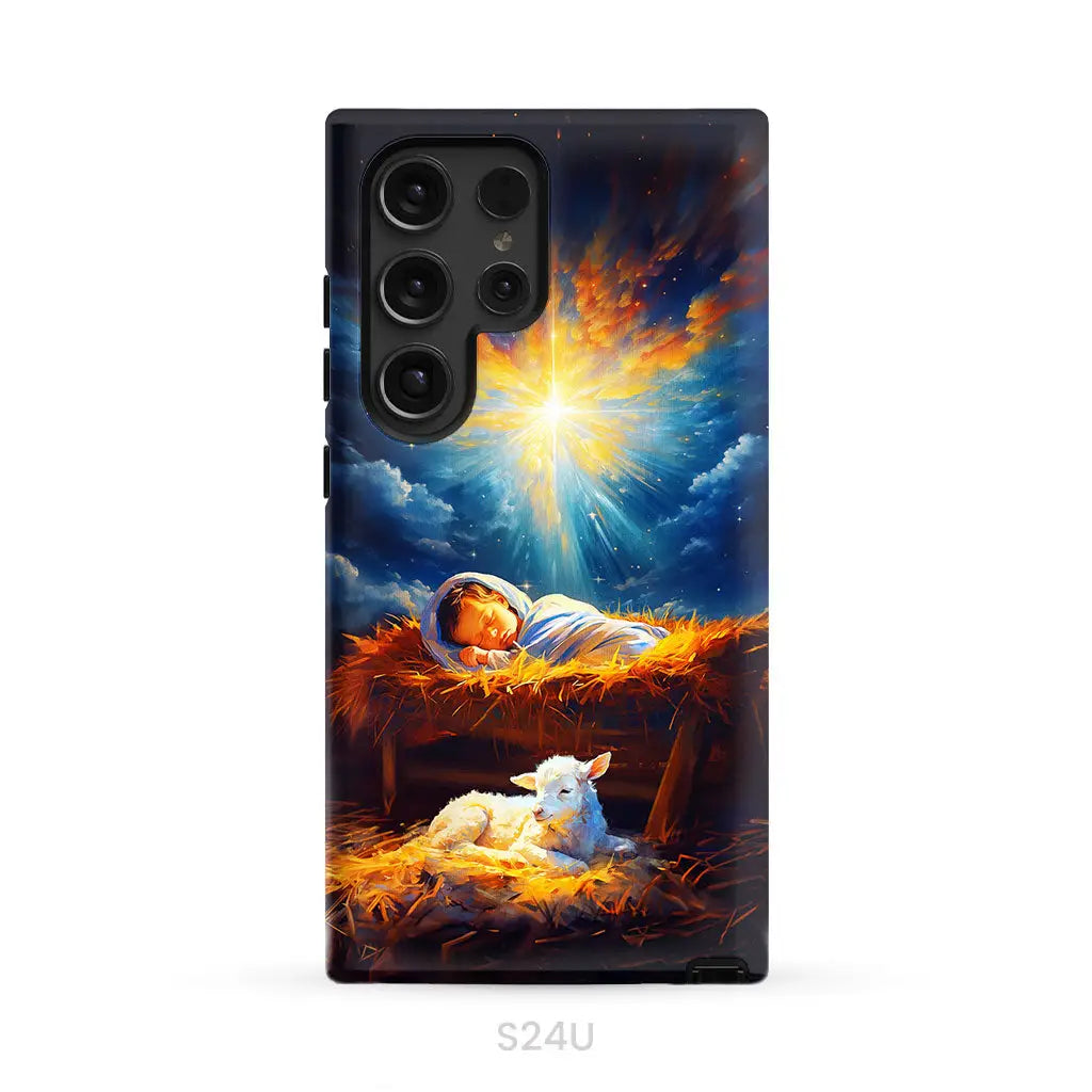 Baby Jesus With A Lamb Baby Jesus In The Manger Phone Case Samsung Galaxy S24 Ultra / Tough Case
