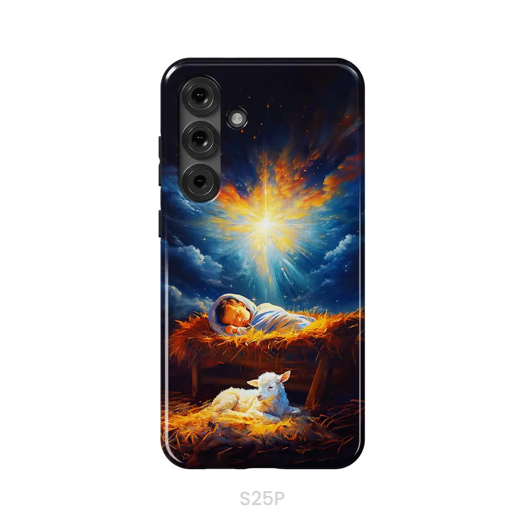 Baby Jesus With A Lamb Baby Jesus In The Manger Phone Case Samsung Galaxy S25 Plus / Tough Case