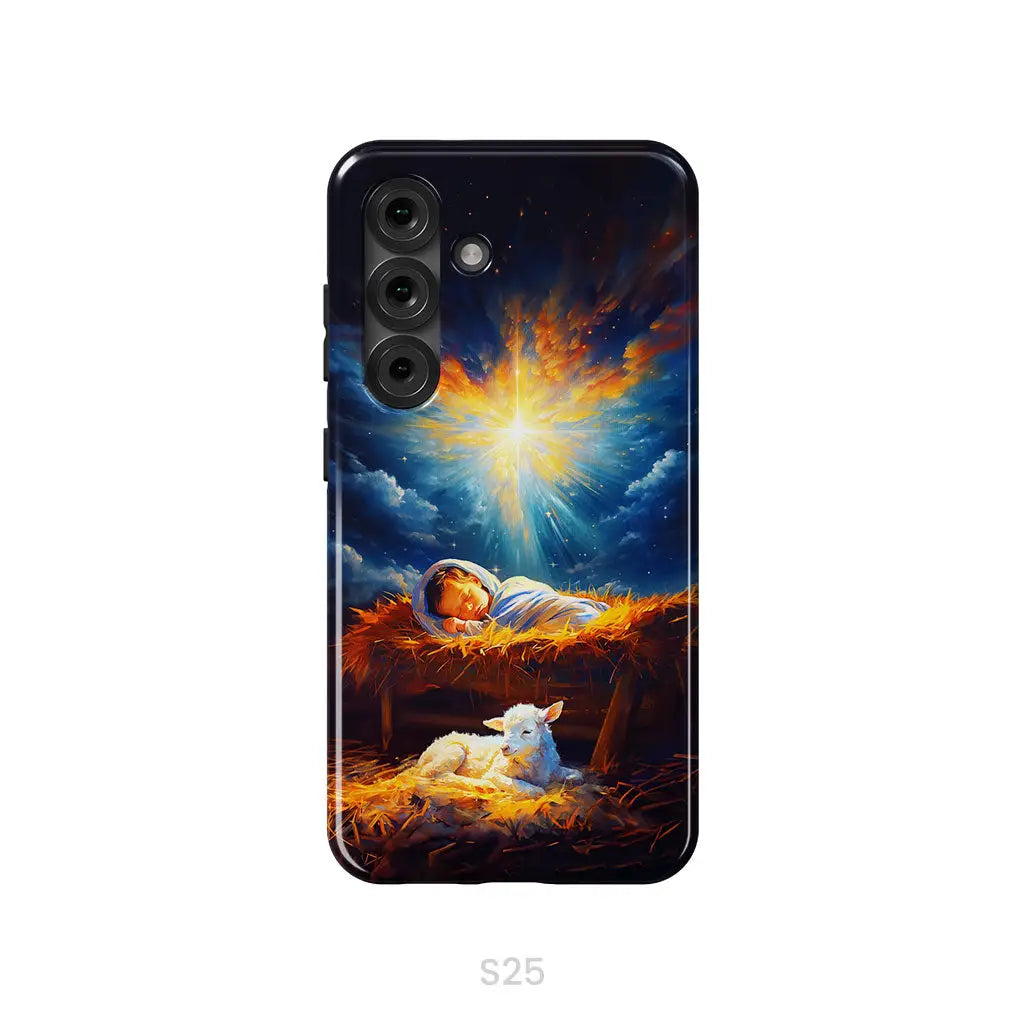 Baby Jesus With A Lamb Baby Jesus In The Manger Phone Case Samsung Galaxy S25 / Tough Case
