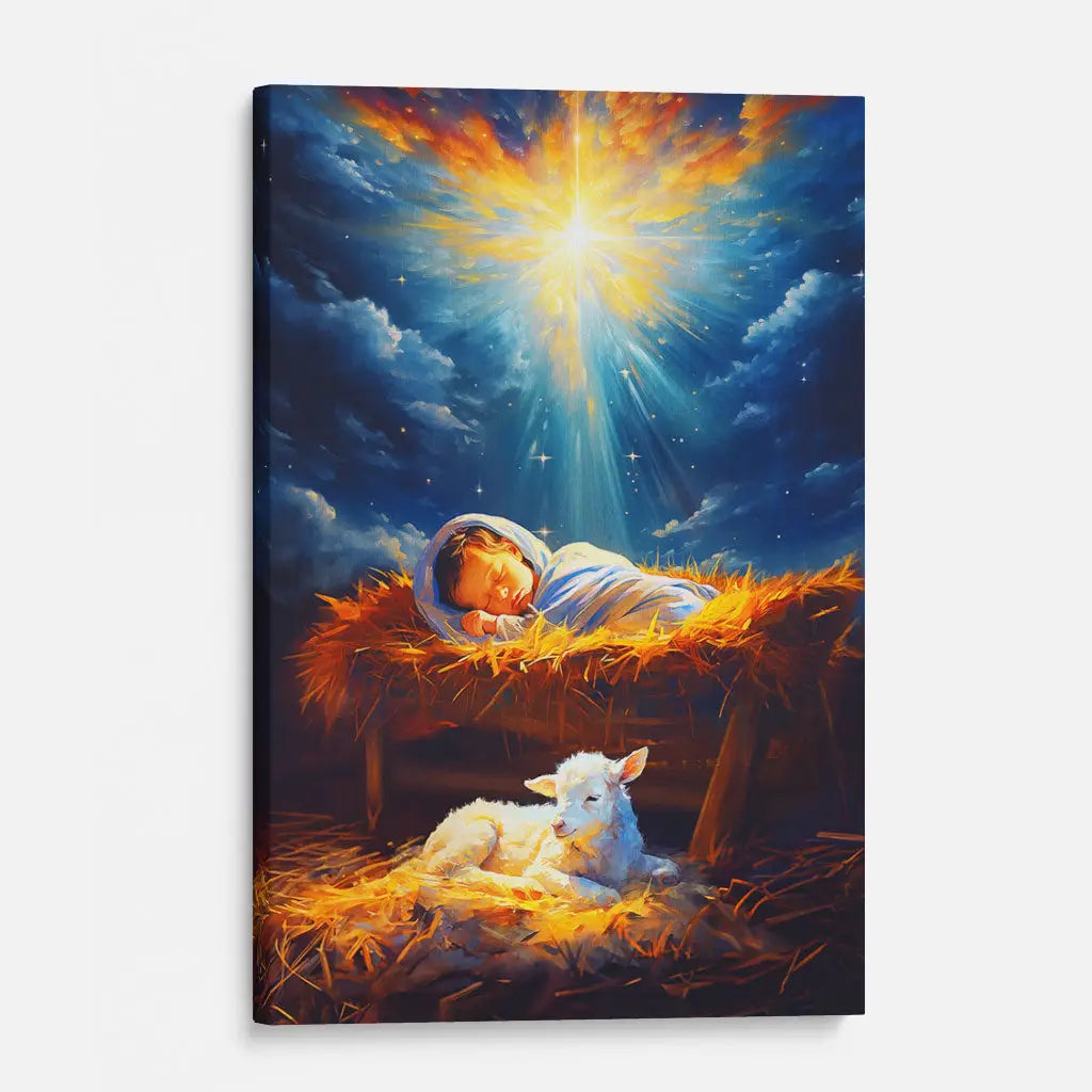Christian canvas print featuring Baby Jesus in the manger with a lamb, ideal inspirational wall art for believers.