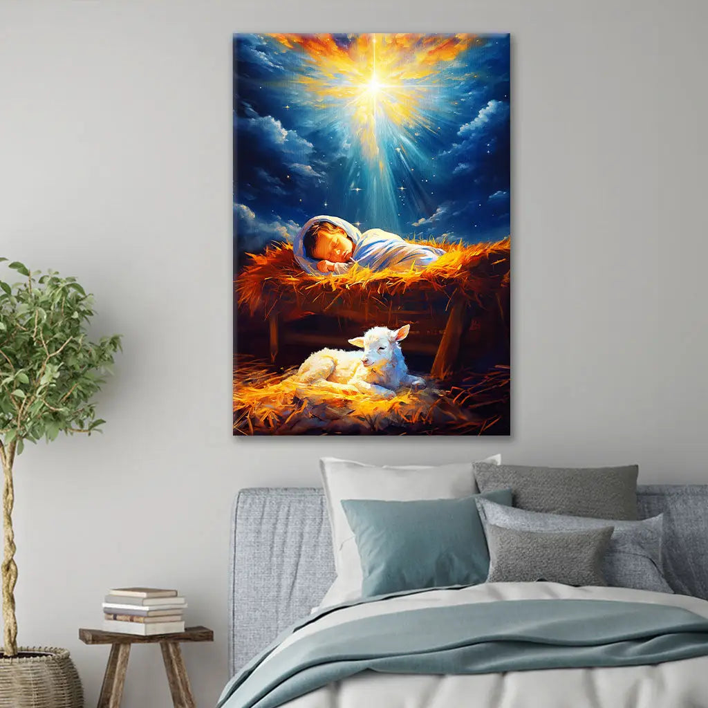 Christmas wall art canvas with Baby Jesus and a small lamb in the manger, perfect for faith-filled home decor.