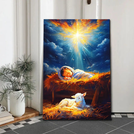 Christian wall art featuring Baby Jesus in the manger with a small lamb, perfect faith-based home decor.