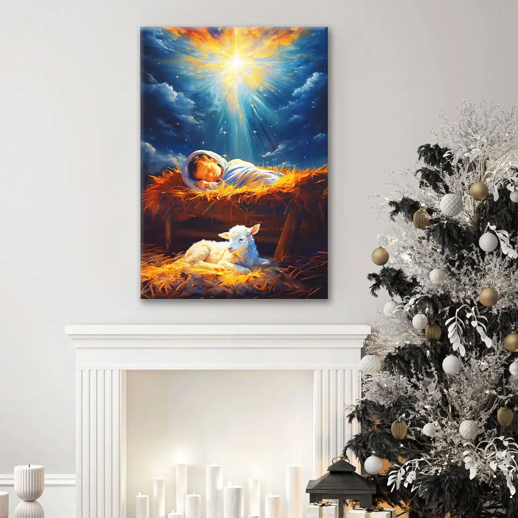 Inspirational wall art canvas print with Baby Jesus and a lamb in the manger, ideal Christian wall art for homes.