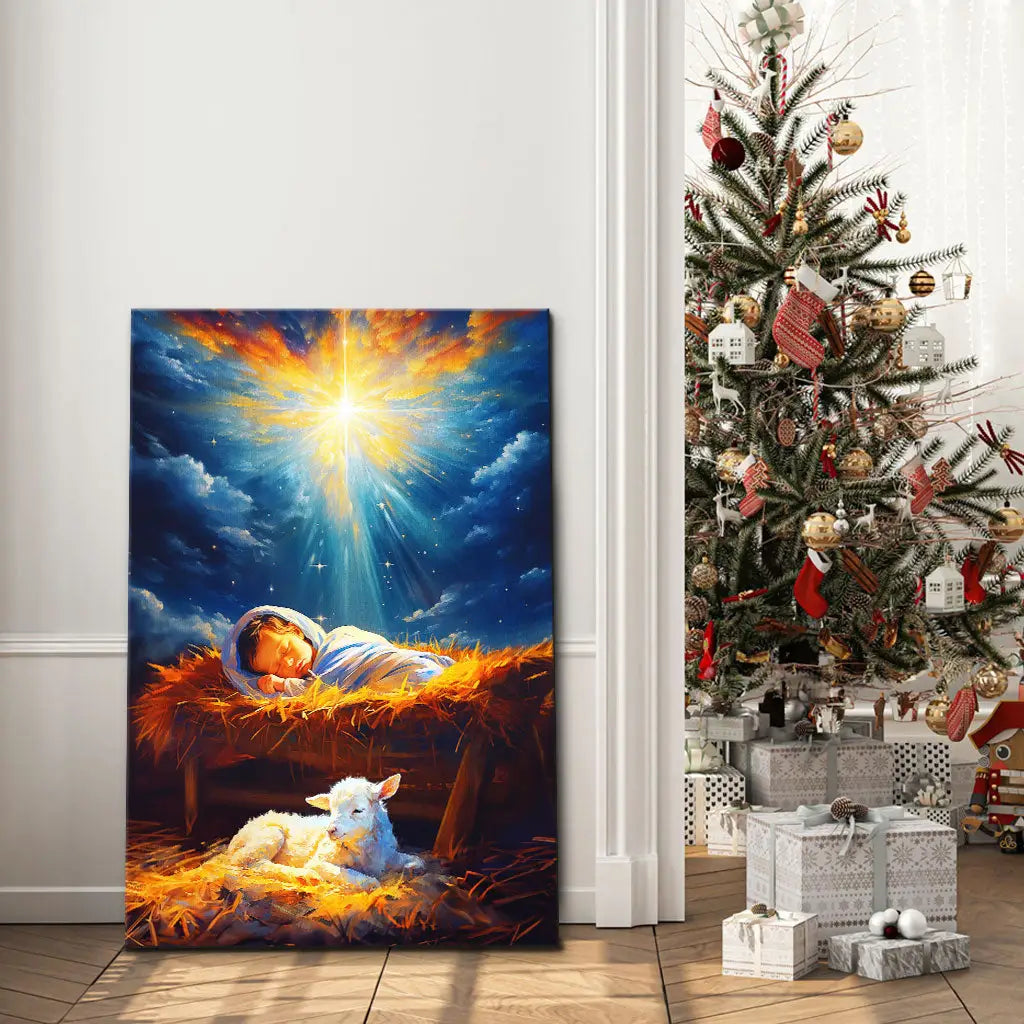 Faith-based wall art canvas print displaying Baby Jesus in the manger alongside a lamb, great religious decor for Christian homes.