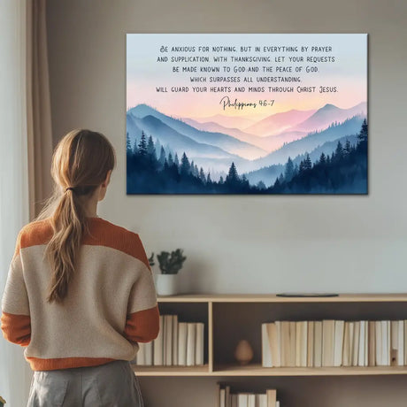 Be Anxious for Nothing Philippians 4:6-7 wall art canvas reminding believers to trust God.