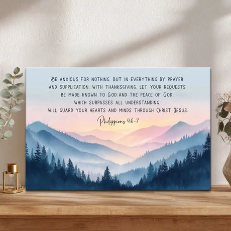 Inspirational scripture canvas with Philippians 4:6-7 about anxiety and God’s peace.