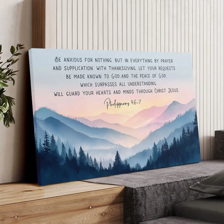Christian wall art featuring Bible verse encouraging peace through prayer and faith.