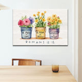 Bible verse wall decor featuring Romans 12:12 with flower pots. Inspirational Christian artwork for faith-filled spaces.