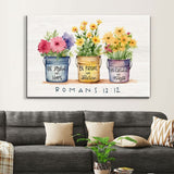 Christian wall art featuring "Be Joyful in Hope, Patient in Affliction, Faithful in Prayer" with flower pots, perfect faith-based home decor.