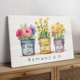 Christian wall art canvas: "Be joyful in hope, patient in affliction, faithful in prayer" Romans 12:12, with flower pots.