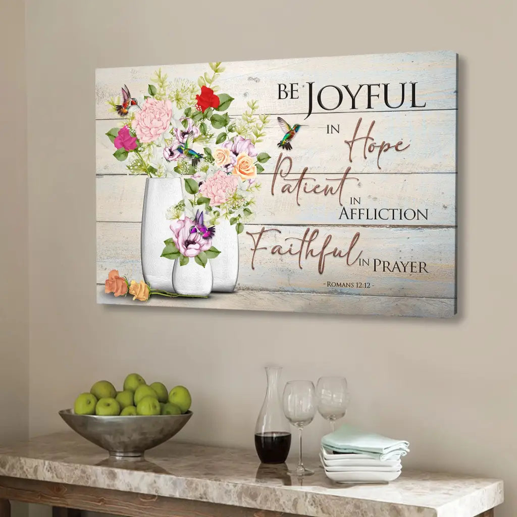 Bible verse wall art featuring Romans 12:12, hummingbirds, and flower vases, Christian home decor.