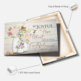 Romans 12:12 canvas print with hummingbirds and flower vases, uplifting Bible verse decor.