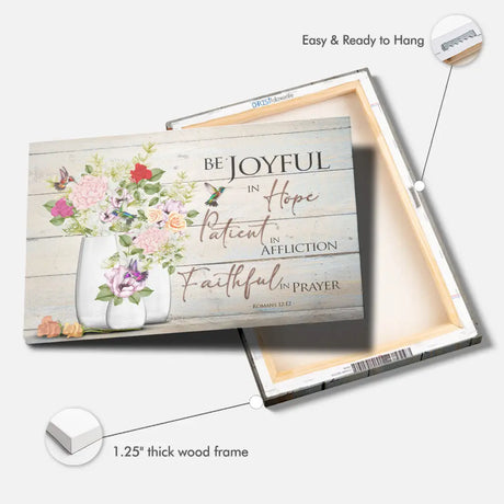 Romans 12:12 canvas print with hummingbirds and flower vases, uplifting Bible verse decor.
