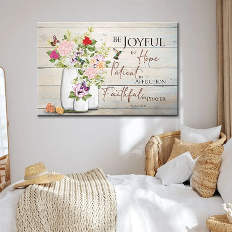 Beautiful "Be Joyful in Hope" wall art with flowers and hummingbirds, perfect for Christian gifts.