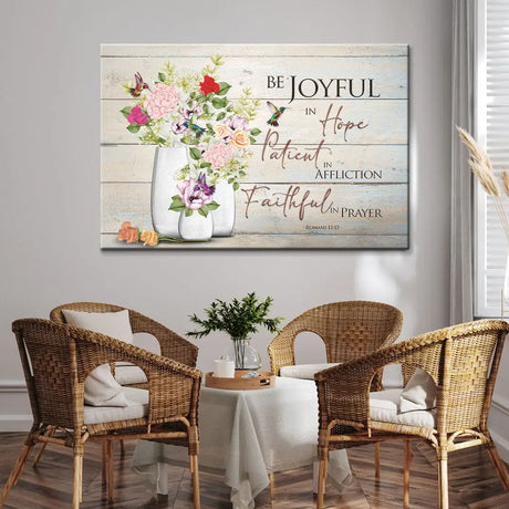 Christian wall art canvas with "Be Joyful in Hope" from Romans 12:12, hummingbirds, and flowers.