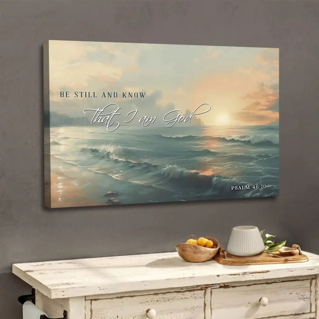 Be Still and Know Seascape Psalm 46:10 Scripture Wall Art Canvas Print