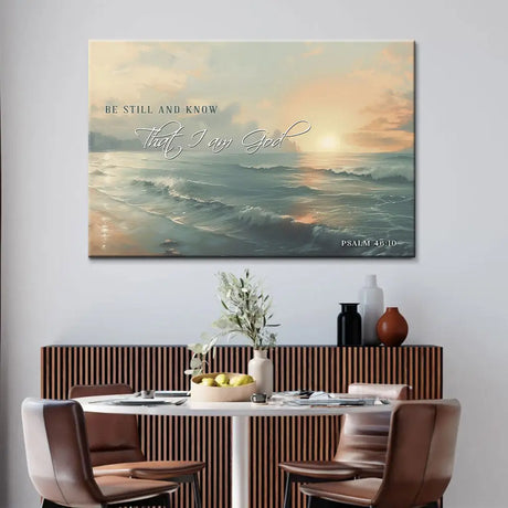 Religious wall art canvas featuring Psalm 46:10, "Be Still and Know," and seascape, perfect for Christian home decor.