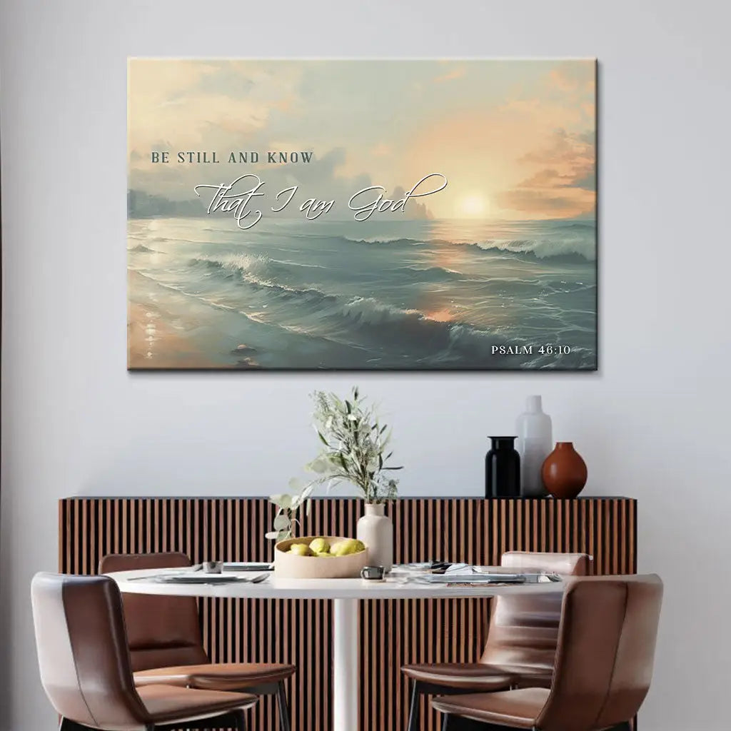 Religious wall art canvas featuring Psalm 46:10, &quot;Be Still and Know,&quot; and seascape, perfect for Christian home decor.