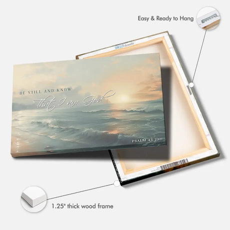 Christian canvas print with Psalm 46:10, "Be Still and Know," and seascape, ideal faith-filled wall decor.