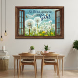 "Be Still and Know That I Am God" Psalm 46:10 wall art canvas with butterflies and dandelions on wooden window frames.