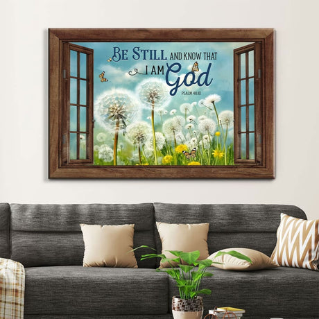 Christian wall art with Psalm 46:10 "Be Still and Know" Bible verse, butterflies, and dandelions on wooden window frames.