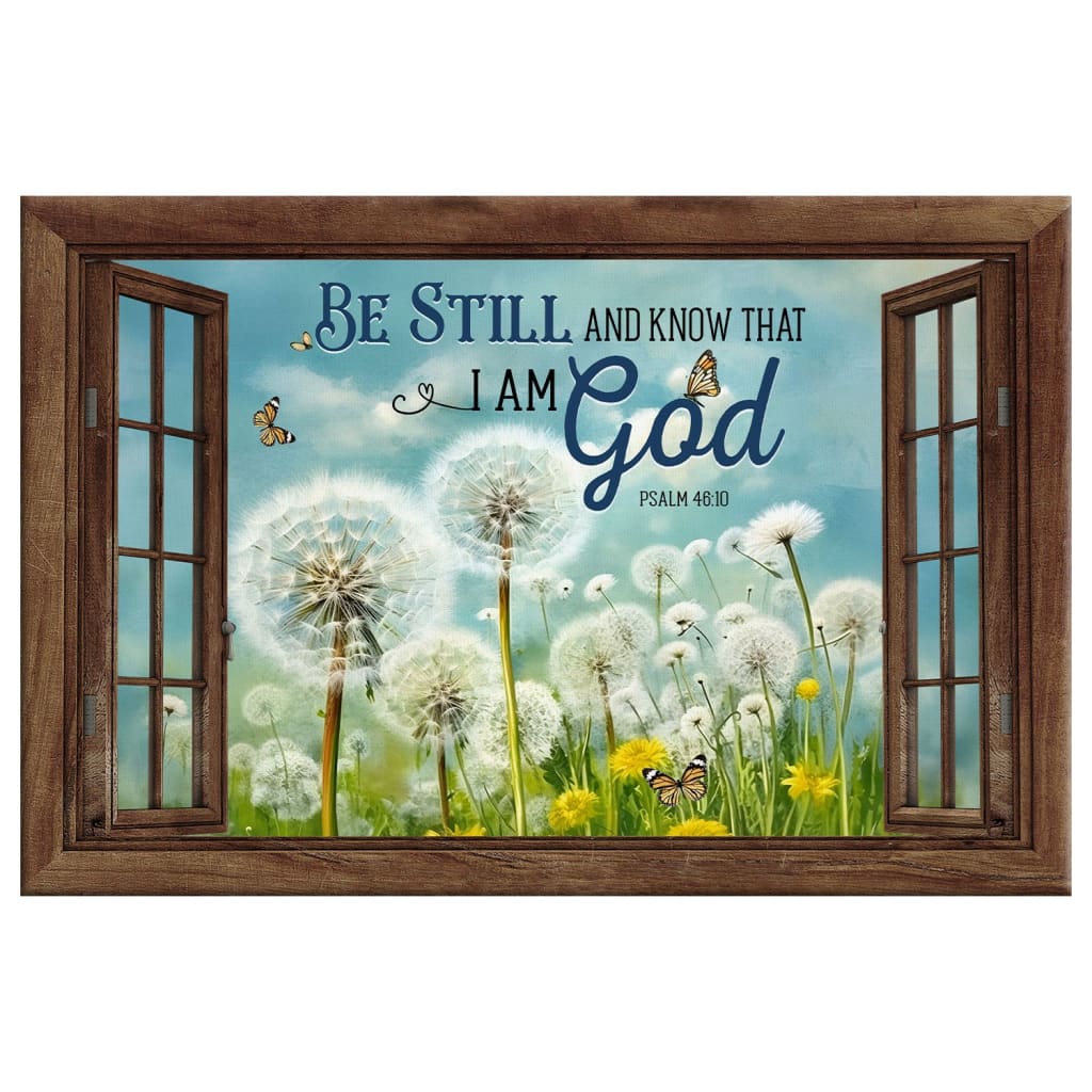 Inspirational "Be Still and Know That I Am God" wall art with butterflies, dandelions, and rustic wooden window frames.