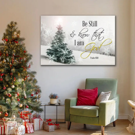 Snowy hill and evergreen tree artwork paired with the verse “Be Still and Know.”
