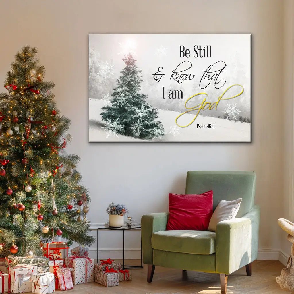 Snowy hill and evergreen tree artwork paired with the verse “Be Still and Know.”
