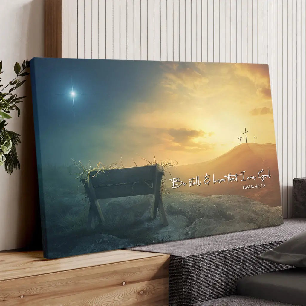 Be Still and Know canvas, inspirational Christian gift with Bible verse, cross, and star design.