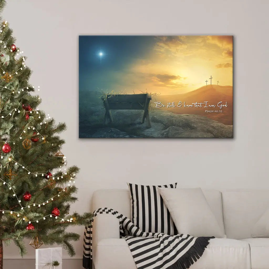 Faith-based wall art with Psalm 46:10, manger and star, Christian décor for comfort all year long.