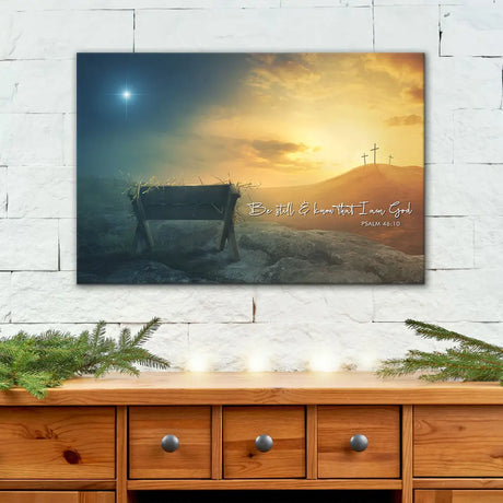 Christian wall art with Psalm 46:10, manger, cross, and star, faith-based gift for Christmas or Easter.