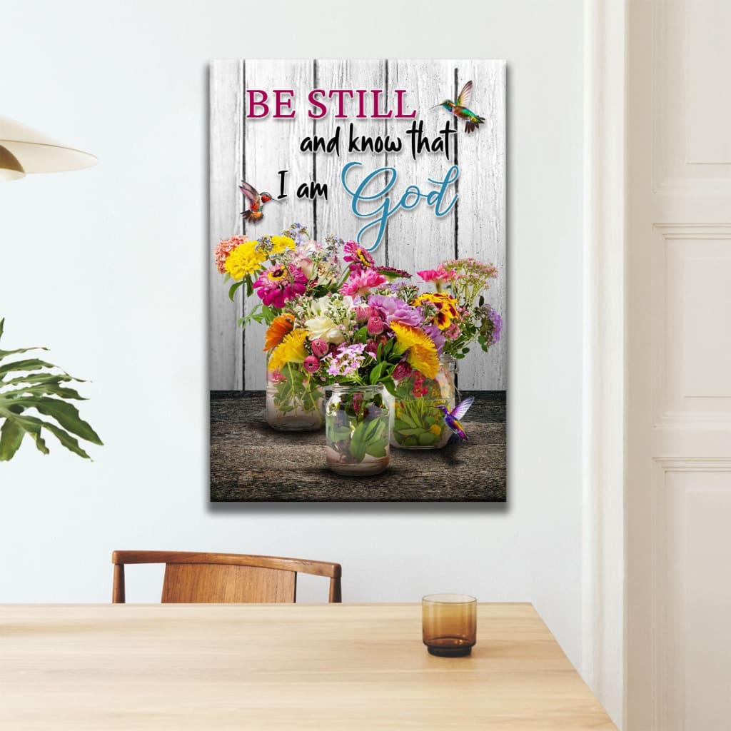 Christian wall art with Psalm 46:10, "Be still and know," featuring hummingbirds and a vase of flowers, perfect for modern decor.